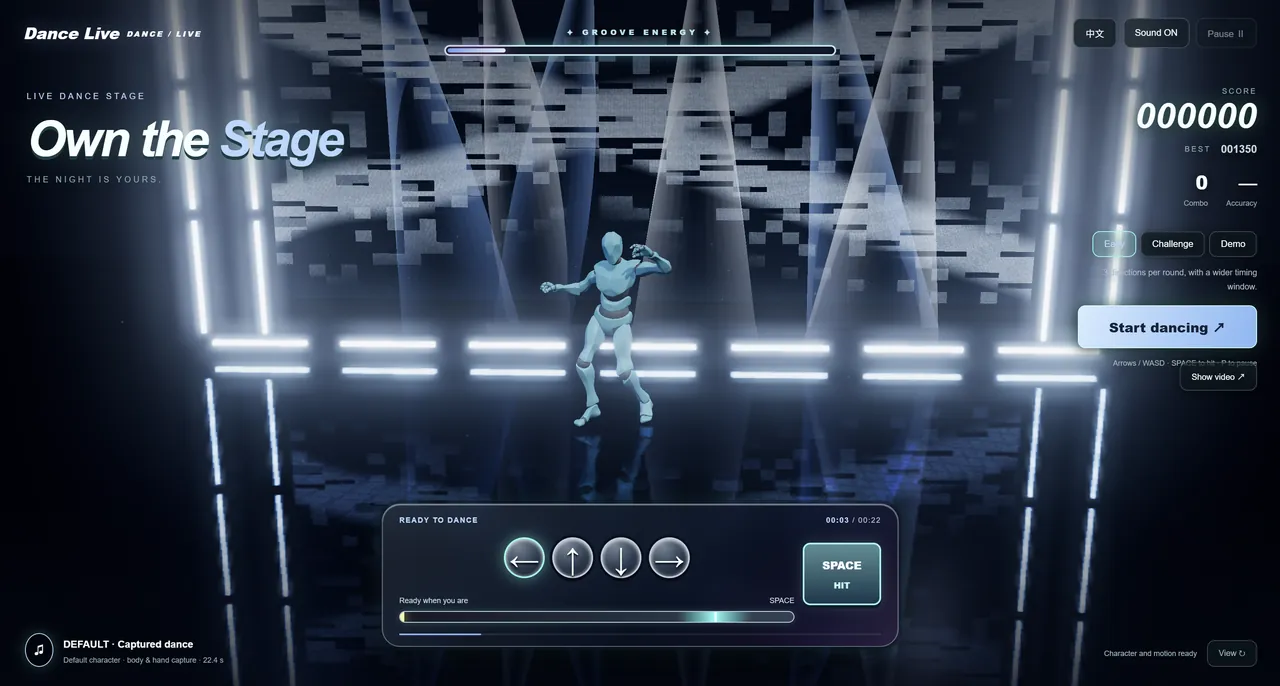 Dance Live game on a blue-white stage with a Start dancing control