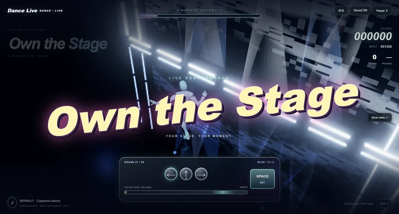 Dance Live gameplay transition with direction arrows and the Space hit control