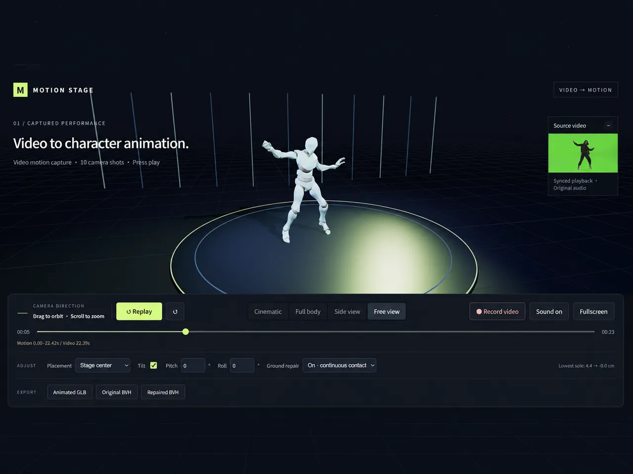 Animation viewer with the dancing character and a source-video inset
