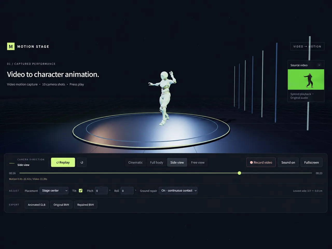 Side-view animation preview with the character, stage, and playback controls