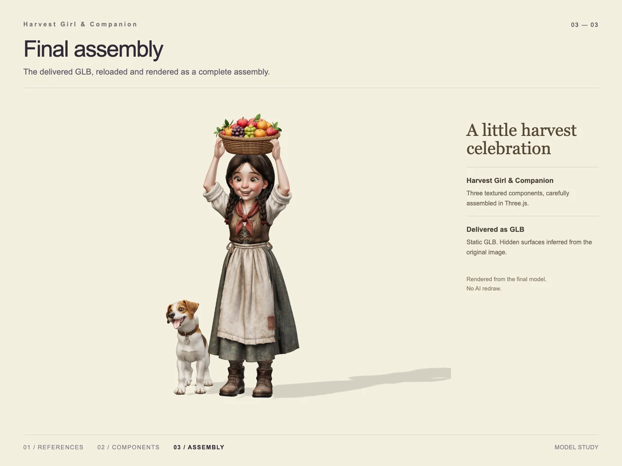 Harvest Girl and Dog in 3D with GPT-6 Astra and V2Fun - interactive 3D model preview